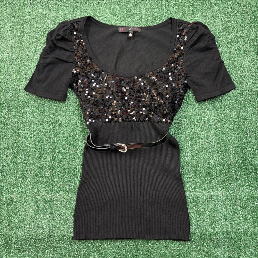 Y2K HeartSOUL Sequin Ribbed Knit Belted Top
